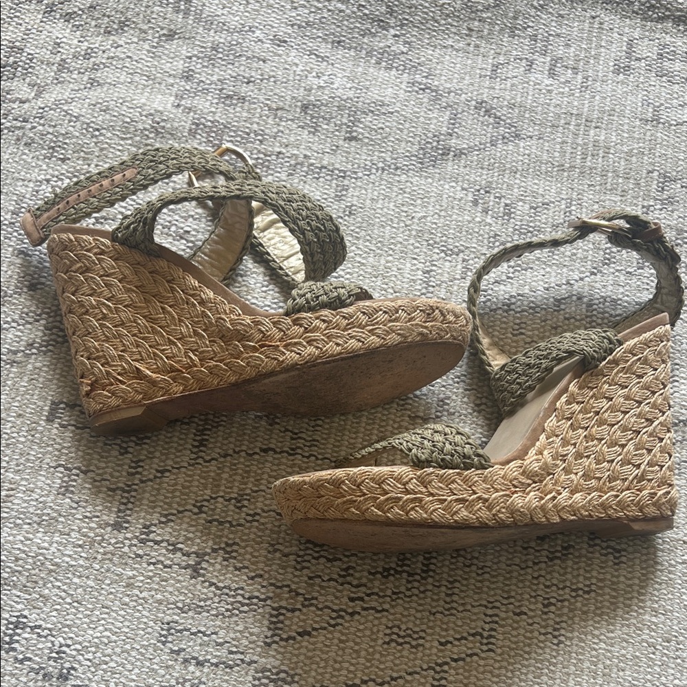 Stuart Weitzman Taupe Woven Ankle-Strap Wedge Sandals - Picture 6 of 16